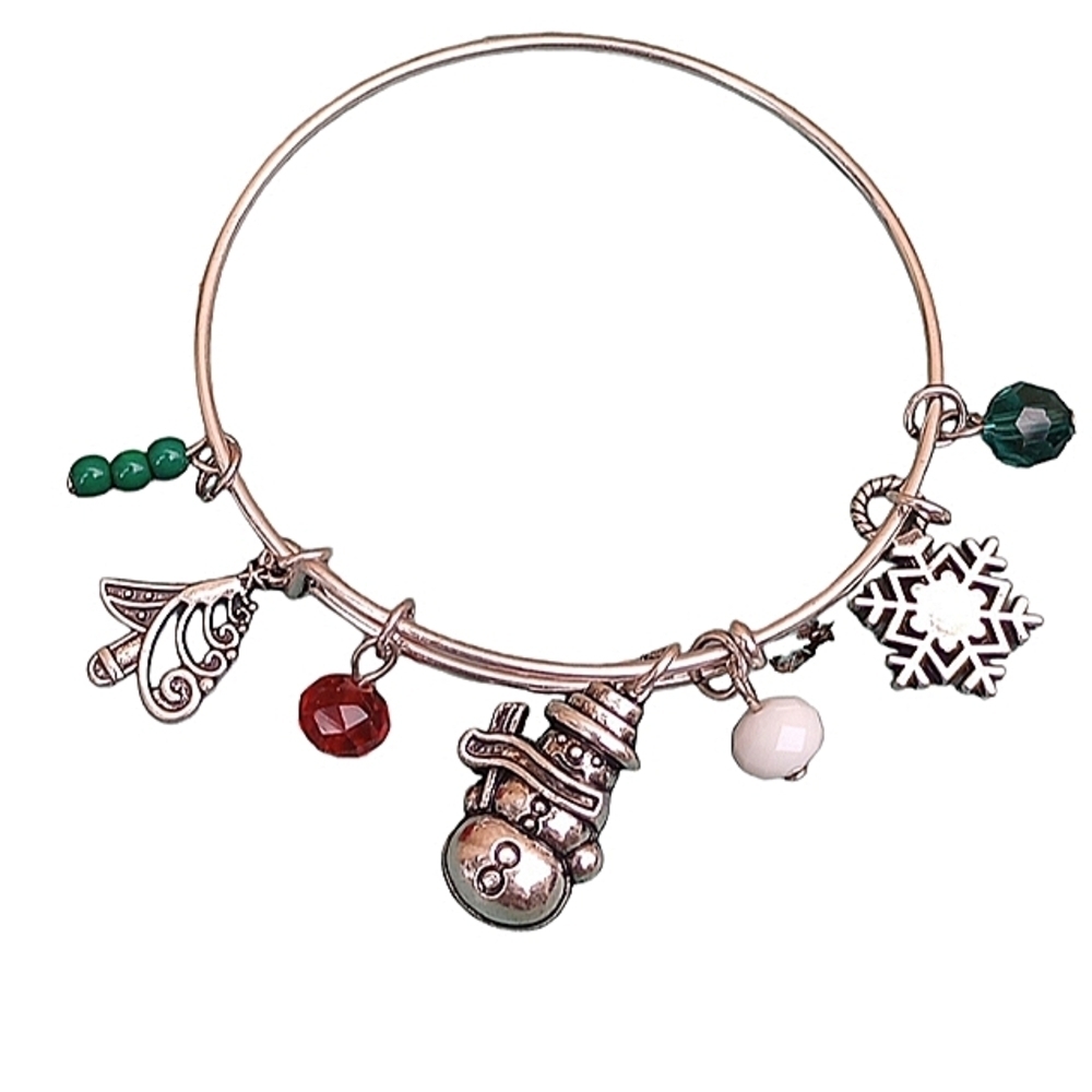 Christmas Charm Bracelet Silver Red Christmas Tree Snowman Snowflake Beads New